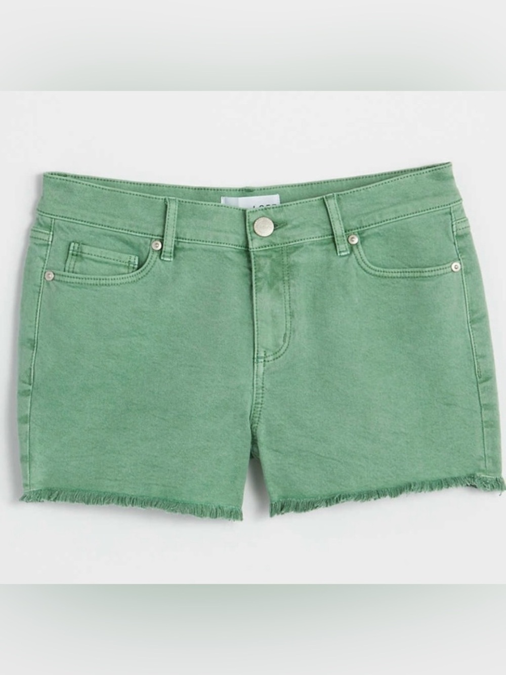 LOFT Green Frayed Hem Denim Shorts Size 31/ 12. Inseam is 3”. Great condition!